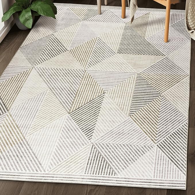 ReaLife Rugs Machine Washable Area Rug - Living Room Bedroom Bathroom Kitchen Entryway Office - Padded Low Pile Stain Resistant Premium - Modern Geometric Contemporary - Miles - Beige 5' x 7'
