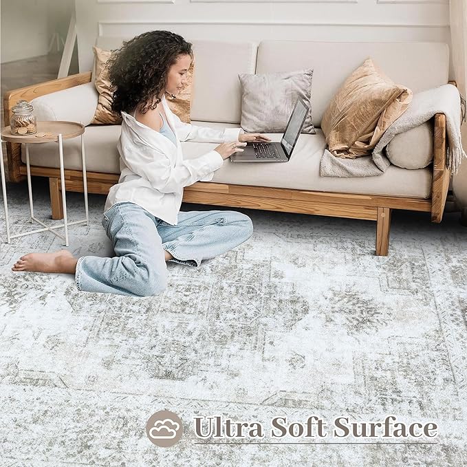 Area Rug 4x6 Vintage Rug, Machine Washable Vintage Distressed Medallion Rug Non-Slip Soft Low Pile Large Indoor Rugs for Bedroom Kitchen Dining Room Office(Taupe,4'x6')