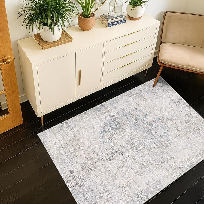 Washable Light Blue Rugs for Entryway Indoor - 3x5 Throw Rug for Large Kitchen, Bedroom Bedside, Bathroom, Mudroom, Mordern Abstract Medallion Aqua Décor, Non Slip Low Pile Fade Resistant