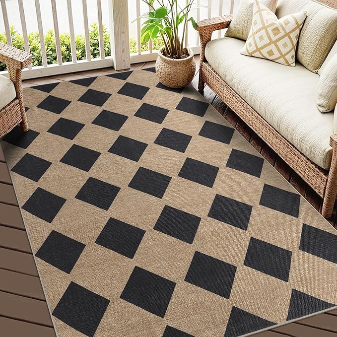 Checkered Easy Jute Rug 3x5 Outdoor Entryway Rug Washable Area Rugs for Living Room Bedroom Non Slip Neutral Farmhouse Indoor Outdoor Carpet for Backyard Patio Office