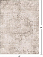 Distressed Farmhouse 5x7 Washable Rug for Living Room, Bedroom, Foyer, Under Dining Table, Neutral Abstract Medallion, Ultra Soft Faux Wool Non Slip Low Pile Stain Resistant, Beige & Brown