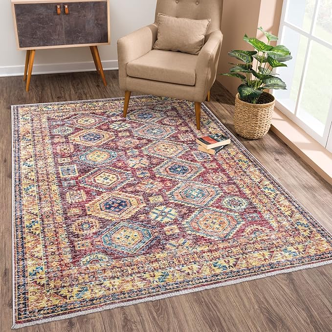 Bloom Rugs Caria Washable Non-Slip 5x7 Rug - Dark Red/Multicolor Traditional Area Rug for Living Room, Bedroom, Dining Room, and Kitchen - Exact Size: 5' x 7'