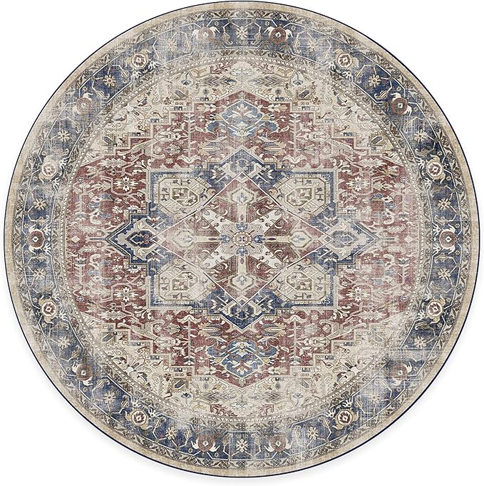 RUGGABLE Washable Vintage Area Rug – Kamran Royal Blue 8 ft Round, Stain-Resistant, Non-Slip – Large Machine Washable Rugs for Living Room, Bedroom, Hallway, Entryway & Office–with Cushioned Pad