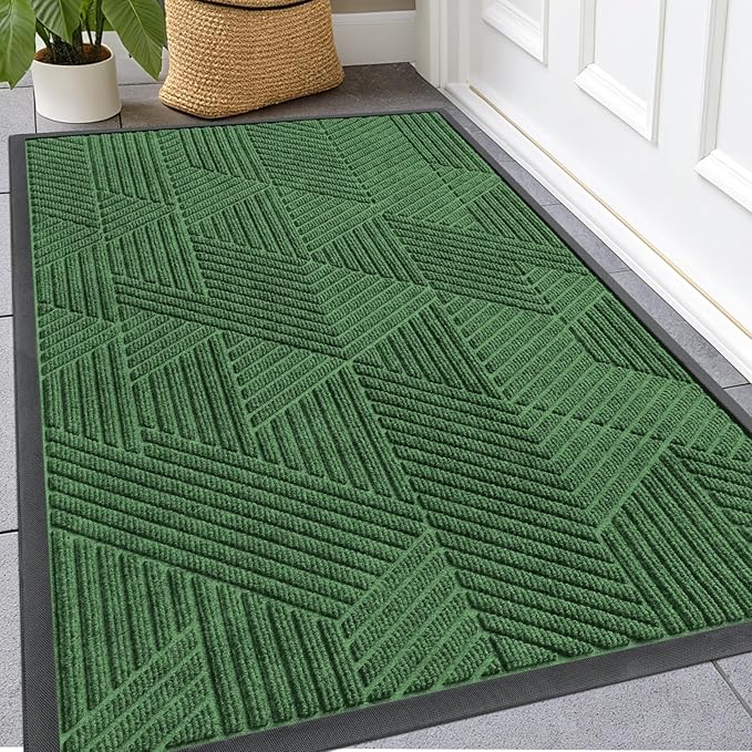 Kitinjoy Front Door Mat Outside Entrance, Sturdy Natural Dirt Trapper, Heavy Duty Rubber Doormat, Low Profile Non-Slip Backing, Easy Clean Floor Mat for Indoor Outdoor Entry, 47X32 Inch, Green