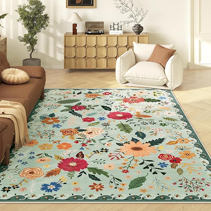 Living Room Rug 8x10 Rug Machine Washable Boho Area Rug Non Slip Floral Vintage Low Pile Large Rugs for Living Room, Bedroom, Farmhouse, Dining Room (Green)