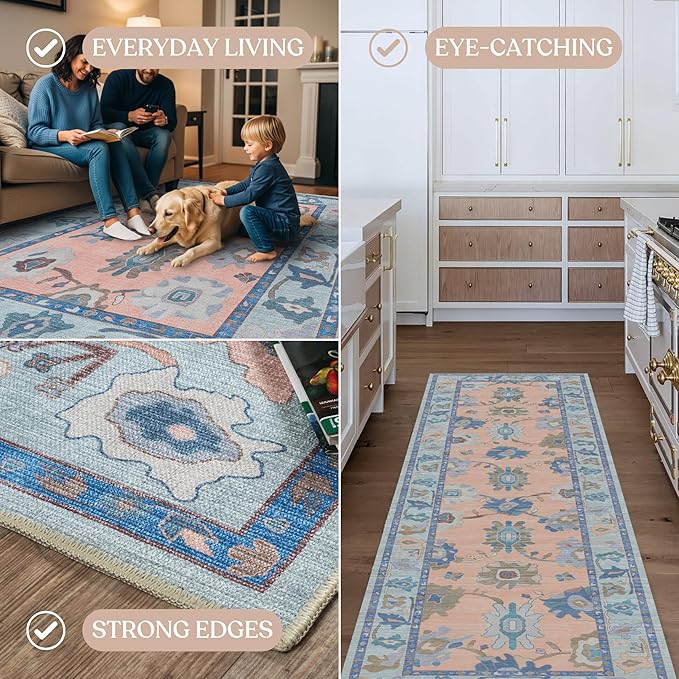 Fame Living Modern Oushak Rug, Vintage, Turkish, Eclectic, Floral, Pastel, Washable, Extra Large Area Rugs for Living Room, Dining, Bedroom, Lounge, 9'x12'