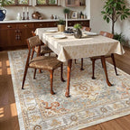 Washable Area Rug 8' x 10' Vintage Traditional Persian Mat - Foldable Distressed Non-Slip Machine Washable Carpet for Living Room Bedroom Kitchen Home Decor - Dove Gray and Coral