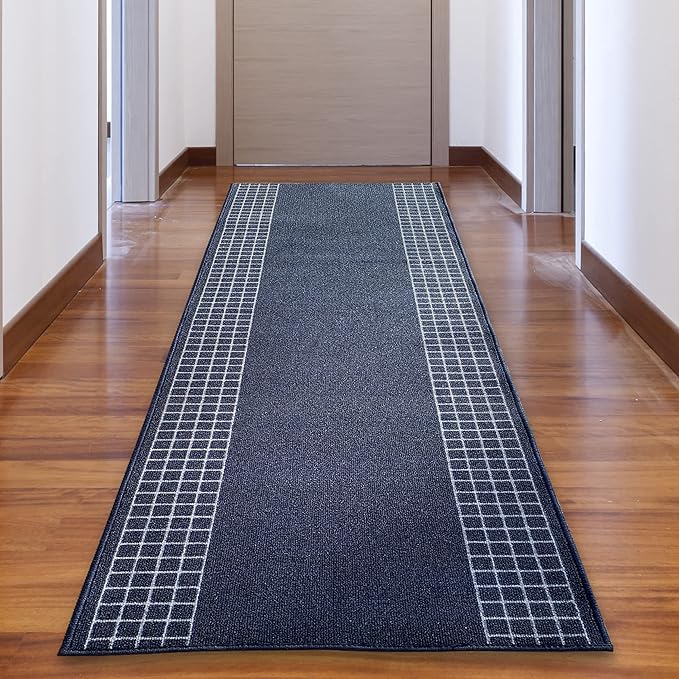 Custom Made Runner Rug for Kitchen Foyer Hallway Entry Choose Your Length 31 Inch Wide Geometric CheckeBlue Design Blue Color (15 feet x 31 Inch)