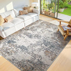 5x7 Washable Area Rugs - Modern Abstract Rugs for Living Room Non-Slip Low Pile Soft Machine Washable Carpet for Bedroom, Dining Room, Nursery, Home Office, Farmhouse (5'x7' Tan Blue)