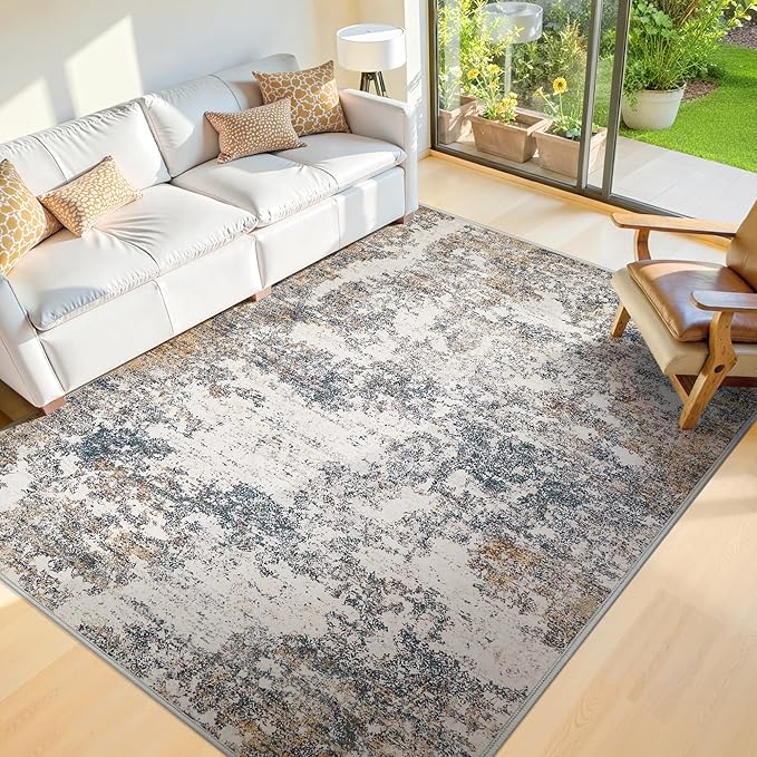 4x6 Washable Area Rugs - Modern Abstract Rugs for Living Room Non-Slip Low Pile Soft Machine Washable Carpet for Bedroom, Dining Room, Nursery, Home Office, Farmhouse (4'x6' Tan Blue)