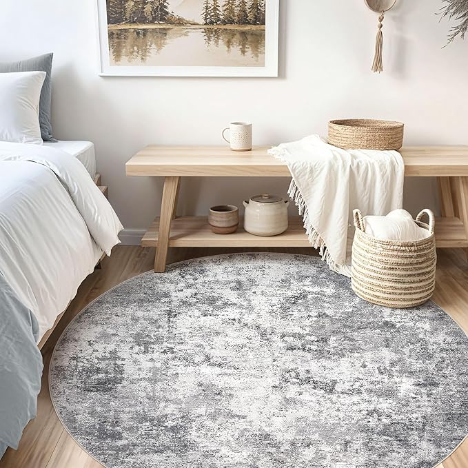 6ft Round Area Rug Living Room Rugs - 6x6 Washable Neutral Modern Abstract Soft Thin Rug Indoor Floor No Slip Rug Carpet for Bedroom Under Dining Table Home Office Decor - Grey