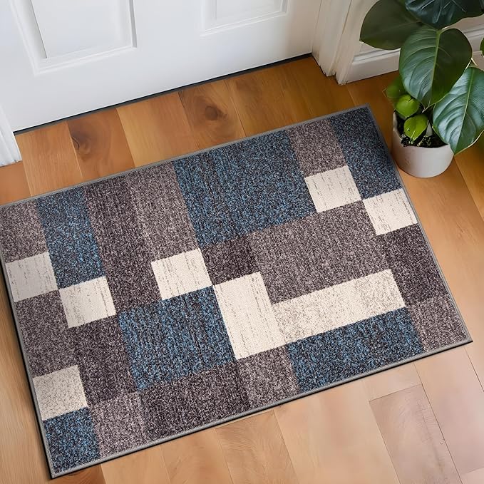 Rugshop Modern Boxes Design Non-Slip (Non-Skid) Carpet Mat Area Rug for Entryway,Door Rug,Kitchen 2'7" x 4' Blue