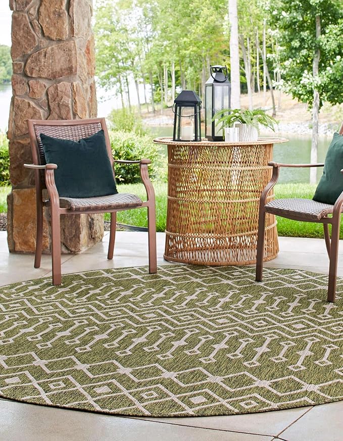 Unique Loom Outdoor Trellis Collection Area Rug - Tribal Trellis (10' 8" Round, Green/ Natural)