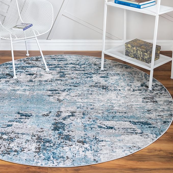 Rugs.com Leipzig Collection Rug – 5 Ft Round Blue Low-Pile Rug Perfect for Kitchens, Dining Rooms
