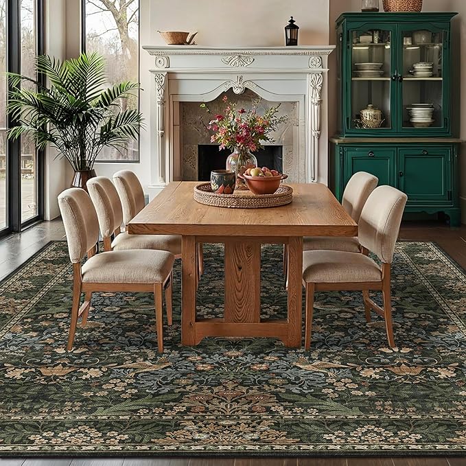 8x10 Floral Washable Area Rug for Living Room, Vintage Boho Large Rugs for Bedroom Dining Room, Botanical Birds Non Slip Low Pile Forest Throw Carpet for Farmhouse Office, Retro Gold/Green