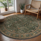 Bavni Round Rug 5ft-Machine Washable Area Rugs Non-Slip for Bedroom, 5x5 Vintage Floral Rug Distressed Throw Carpet for Living Room Nursery Kitchen Bathroom, Dark Green/Multi