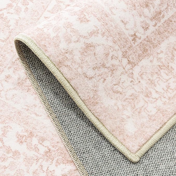 Pink Area Rug 4x5 Office Entryway Rug Machine Washable Kitchen Vintage Distressed Non Slip Carpet Indoor Retro Floral Accent Throw Door Mat for Bathroom Bedroom Dining Living Room