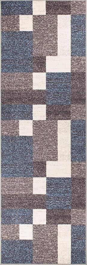 Rugshop Geometric Modern Boxes Design Non-Slip (Non-Skid) Carpet for Hallway,Kitchen,Entryway Runner Rug 2'7" x 10' Blue