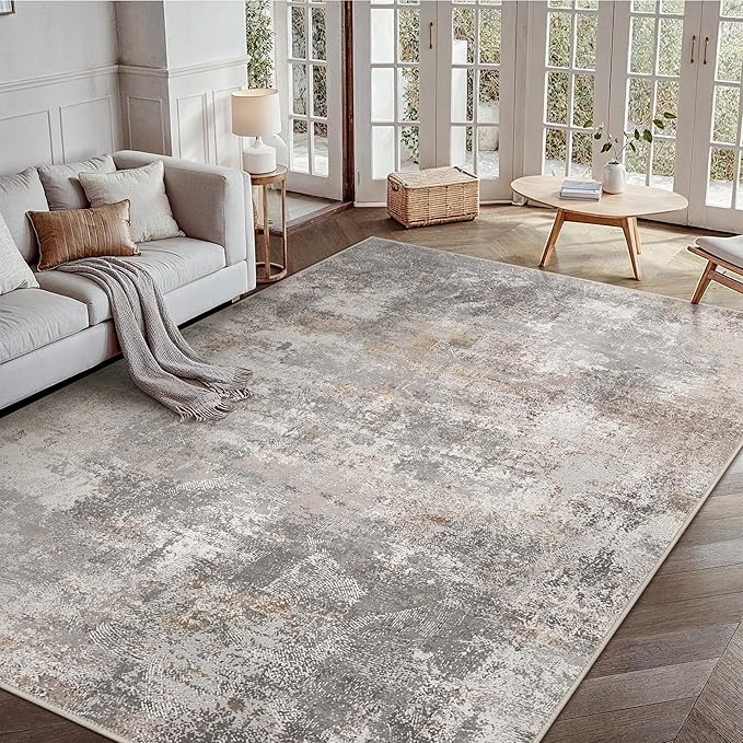 GENIMO Washable 6x9 Area Rugs for Living Room, Non Slip Modern Abstract Rug, Machine Washable Stain Resistant Low Pile Soft Carpet for Bedroom, Dining, Office, Light Grey Brown