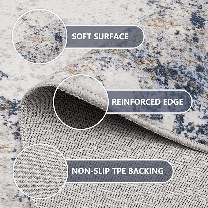 4x6 Washable Area Rugs - Modern Abstract Rugs for Living Room Non-Slip Low Pile Soft Machine Washable Carpet for Bedroom, Dining Room, Nursery, Home Office, Farmhouse (4'x6' Beige Blue)