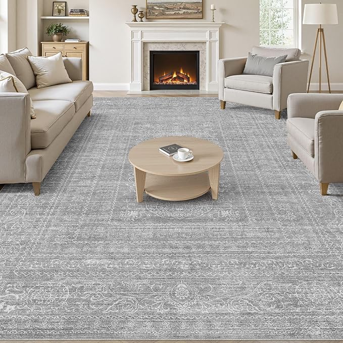 5x7 Area Rugs Living Room: Washable Large Vintage Grey Rug Neutral Non-Slip Soft Stain Resistant Indoor Carpet for Bedroom Nursery Dining Room Under Table Bed Home House Office Playroom
