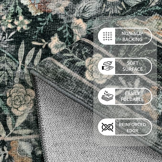 Small Rug 2x3 for Entryway: Boho Floral Door Mat Indoor Entrance Washable - Non-Slip Low Pile Thin Carpet Rugs for Kitchen Bathroom Front Door Laundry - Dark Green