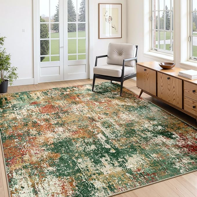Washable Area Rugs 6'x8' Non-Slip Modern Abstract Soft for Living Room Entryway Bedroom Nursery, Print Pattern, Green Orange Rust Red Cream Colorful