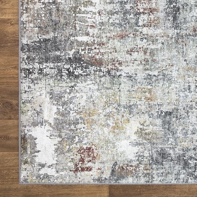 Bloom Rugs Washable Non-Slip 12 ft Runner - Gray/Red/Brown Modern Abstract Runner for Entryway, Hallway, Bathroom, and Kitchen - Exact Size: 2.5' x 12'