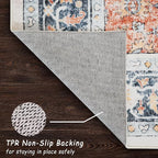vivorug 5x7 Area Rugs - Boho Ultra-Thin Washable Rug with Non-Slip Backing, Ideal for Living Room, Bedroom, Kitchen Floor Carpet - Vintage Floral, Easy Clean, Durable, Low Pile Orange/Navy