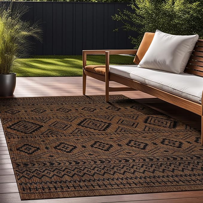 Beverly Rug Waikiki Boho Indoor Outdoor Rug 10x14, Washable Outside Carpet for Patio, Deck, Porch, Bohemian Area Rug, Farmhouse Rugs, Aztec Tribal Rug, Nut Brown and Black