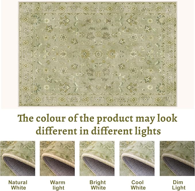 Tangsoo 8x10 Area Rug for Living Room, Washable Floral Vintage Indoor Non Slip Large Area Rugs, Print Distressed Flaxen Green Carpet, Soft Low Pile Foldable Floor Rugs for Bedroom Dining Room