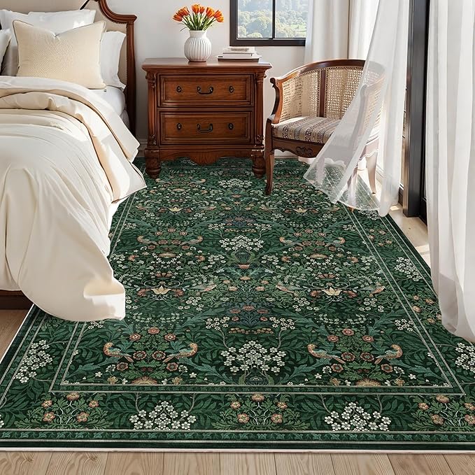 6x9 Floral Washable Area Rugs for Living Room, Vintage Boho Large Rug for Bedroom Dining Room， Distressed Botanical Birds Non Slip Low Pile Forest Throw Carpet for Farmhouse Office, Bright Green