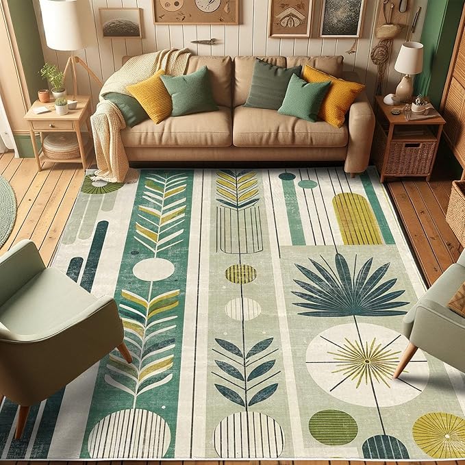 Ambesonne Mid Century Modern Decorative Rug, Abstract Circles Leaves and Stripes in Nature Color Palette, Quality Carpet for Bedroom Dorm and Living Room, 4' X 5' 5", Fawn Teal Pale Green