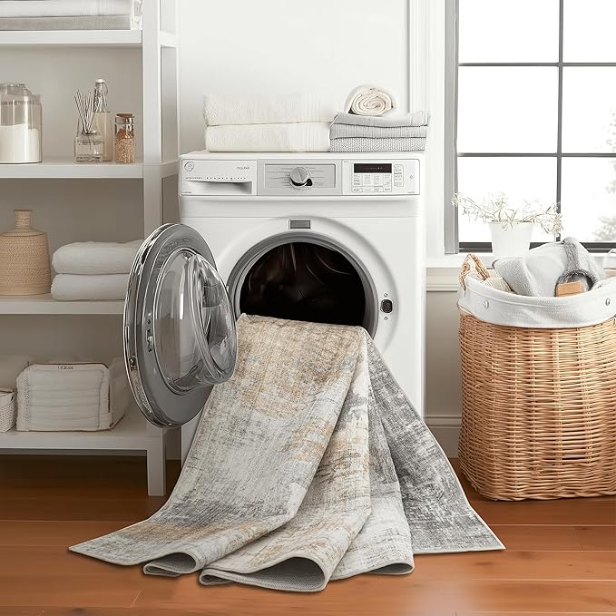 ReaLife Rugs Machine Washable Area Rug Runner - Living Room Bedroom Bathroom Kitchen Entryway Office - Padded Low Pile Stain Resistant Premium - Modern Abstract Contemporary - Quinn - Beige 3' x 5'