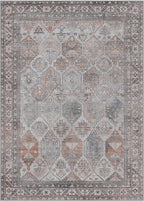 Bavni Washable Rug 9x12 Area Rug for Living Room Bedroom Dining, Washable Vintage Print Carpet, Ultra-Thin Chenille Low Pile Lightweight Rug with Non Slip Backing, Retro Grey