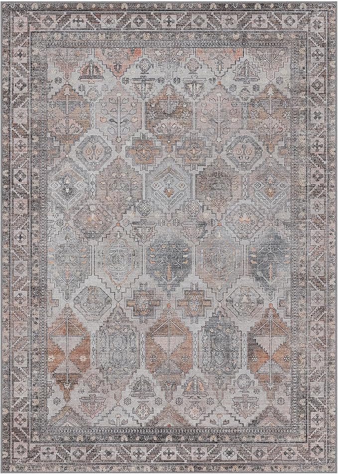 Bavni Washable Rug 9x12 Area Rug for Living Room Bedroom Dining, Washable Vintage Print Carpet, Ultra-Thin Chenille Low Pile Lightweight Rug with Non Slip Backing, Retro Grey
