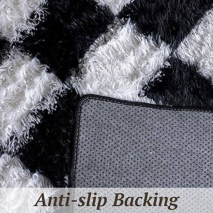5x7 Area Rugs for Living Room Bedroom, Soft Fluffy Shaggy Bedside Rug, Indoor Floor Carpet for Kids Playroom, Dorms, Nursery Rooms, Home Decor (Black & White 5'x7')