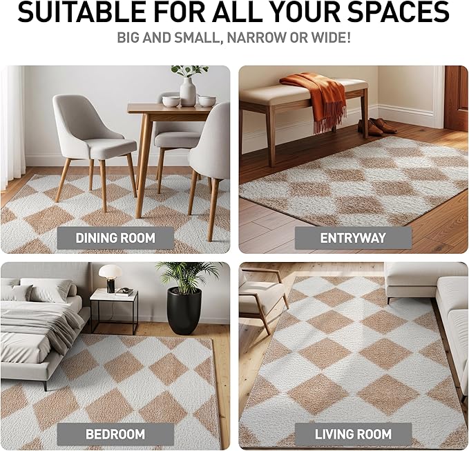 Rugshop Diamond Wave Shag Area Rug Beige 4' x 6' Ideal for Small Living Rooms, Offices, or Beside The Bed