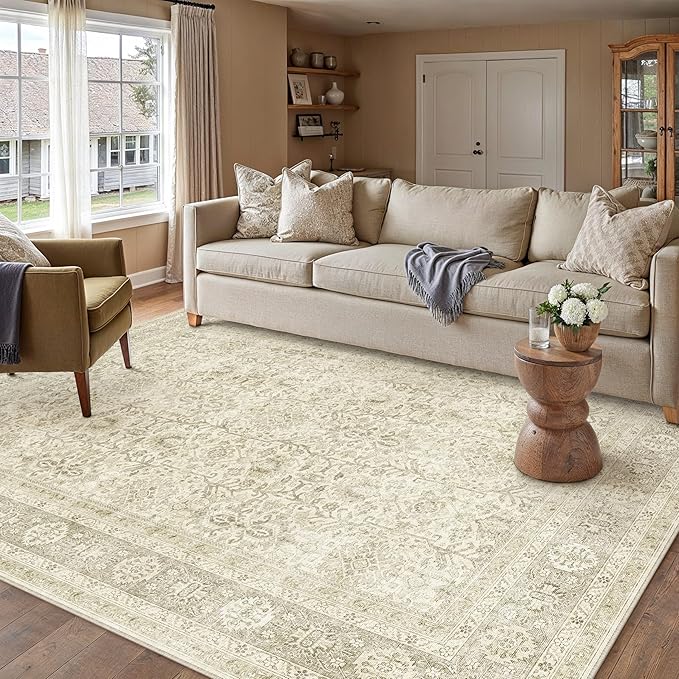 Vintage Area Rug 6x9 Beige Washable Living Room Large Carpet Non Slip Bedroom Indoor Office Low Pile Traditional Distressed Retro Accent Rug for Dining Room Kitchen