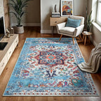 GLN Rugs Traditional Collection - Machine Washable Area Rug, Traditional Washable, Non Slip, Low Pile Chenille Rug, Living Room, Bedroom, Kitchen Rug (8' x 10' Blue/Multicolor)
