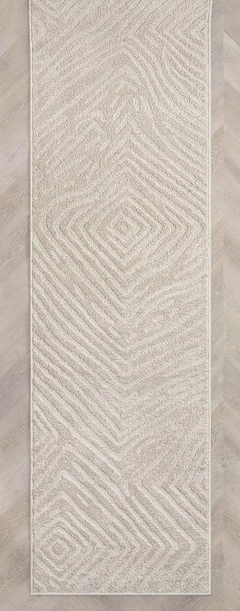 Well Woven Custom Size Hallway Stair Runner - Choose Your Length - 27 Inches Wide x 6 Feet Long Runner (27" x 6' Runner) Rug - Ivory Relajo Soft Touch, Modern Geometric - Hi-Lo Pile