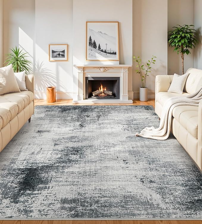 5x7 Washable Area Rugs - Modern Abstract Rugs for Living Room Non-Slip Low Pile Soft Machine Washable Carpet for Bedroom, Dining Room, Nursery, Home Office, Farmhouse (5'x7' Dark Grey)
