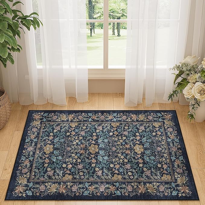 DUKINO 2x3 Entryway Rug, Floral Washable Area Rug with Non Slip Indoor Door Mat, Vintage Low Pile Small Front Door Throw Carpet for Kitchen, Entrance, Bathroom, Bedroom, Dark Blue