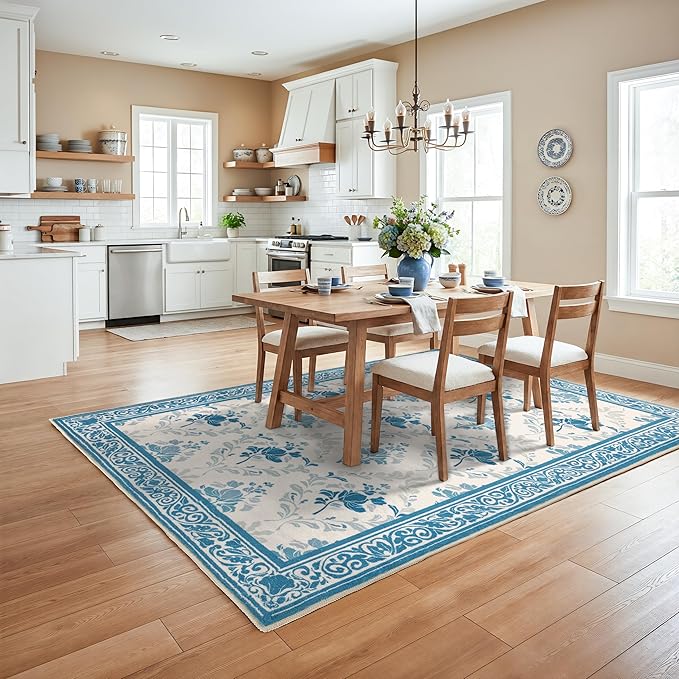 SOULFUL Medium Pile 3x5 Area Rug - Soft Underfoot Small Entryway Rug - Blue Boho Floral - Washable Non-Slip - Perfect for Living Room Bedroom Foot Kids Room Reading Nook