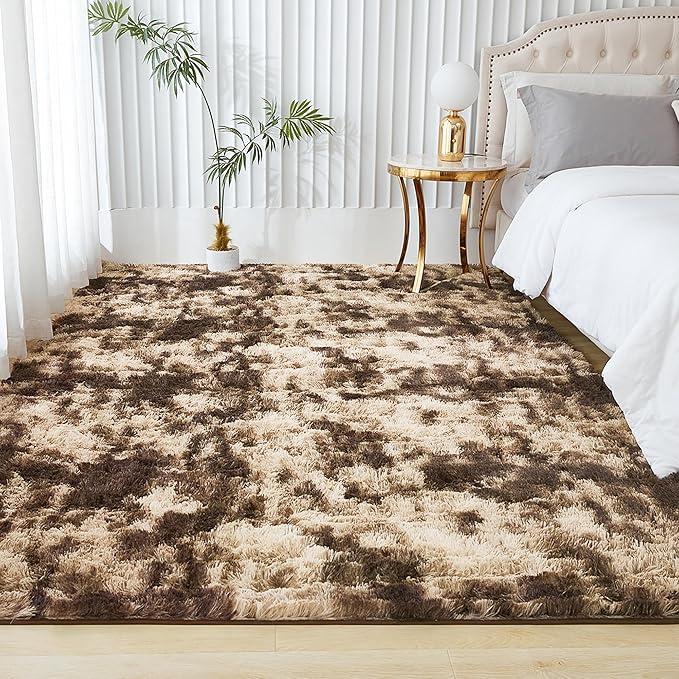 Andency 6x9 Area Rugs, Large Shag Fluffy Soft Shaggy Rugs for Living Room Bedroom, Non-Slip Tie-Dyed Brown Thick Plush Carpet for Kids Girls and Boys, Dorm Nursery Home Decor Aesthetic