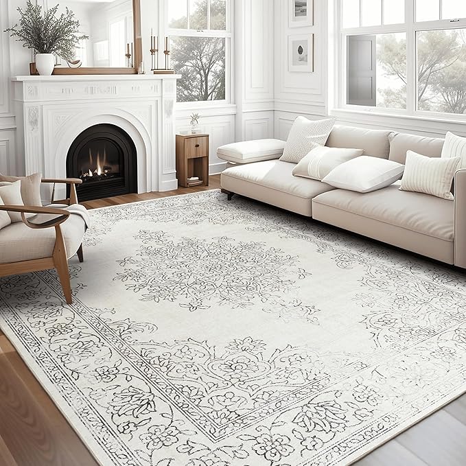 ReaLife Rugs Machine Washable Area Rug - Living Room Bedroom Bathroom Kitchen Entryway Office - Padded Low Pile Stain Resistant Premium - Boho Farmhouse Vintage - Paige - Ivory 5' x 7'