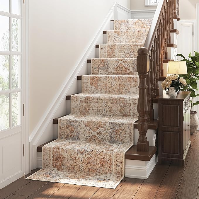 jinchan Kelda Runner Rug 3x10 Vintage Hallway Rug Washable Runner Retro Floor Cover Lightweight Non-Slip Low Pile Thin Distressed Carpet for Entryway Bathroom Laundry Room Bedroom Stairway Brick Red