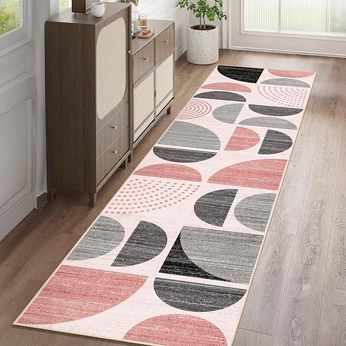 MUJOO Pink Runner Rug Washable,Boho 2x8 Area Rugs for Hallways Kitchen Bedroom Entryway Bathroom,Non Slip Carpet Long Mat Indoor,Soft Modern Abstract Pink and Grey