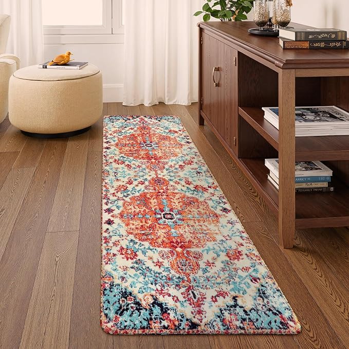 Lahome Floral Washable Kitchen Runner Rug - 2x6 Hallway Entryway Runner Rug, Oriental Medallion Distressed Non-Slip Mat, Bohemian Low-Pile Floor Carpet Runners for Bathroom Laundry Bedside, Orange