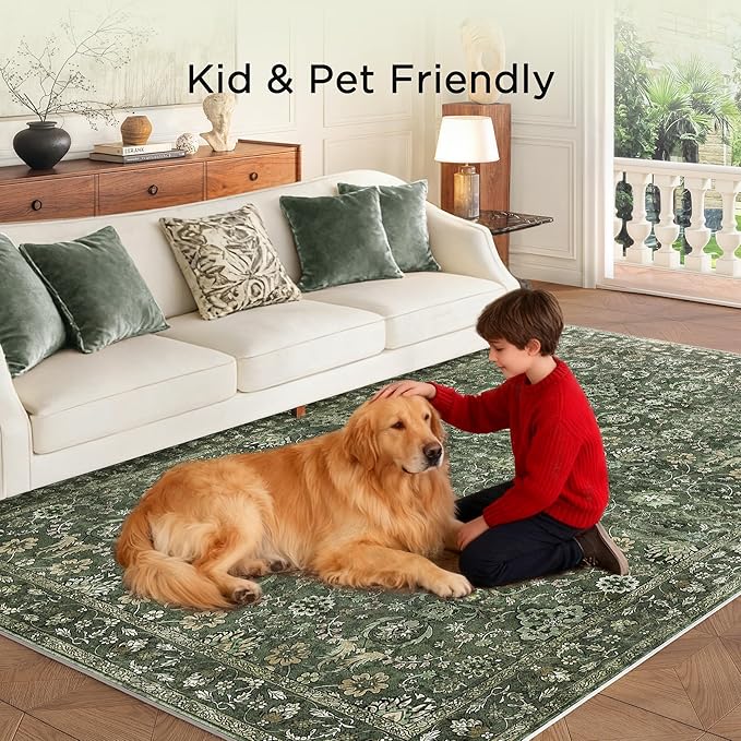 8x10 Washable Rugs for Living Room, Soft Large Rugs Green Area Rug, Indoor Vintage Carpet for Bedroom Dining Room Office, Rubber Backed Non Slip Low Pile Mat, Dark Olive Green